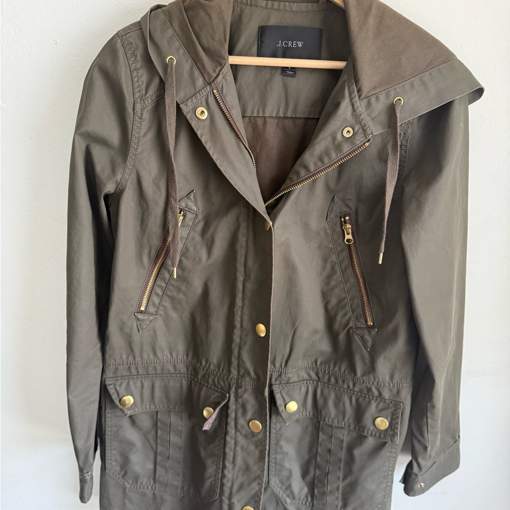 J. Crew Olive waxed canvas Utility Jacket with Gold Details